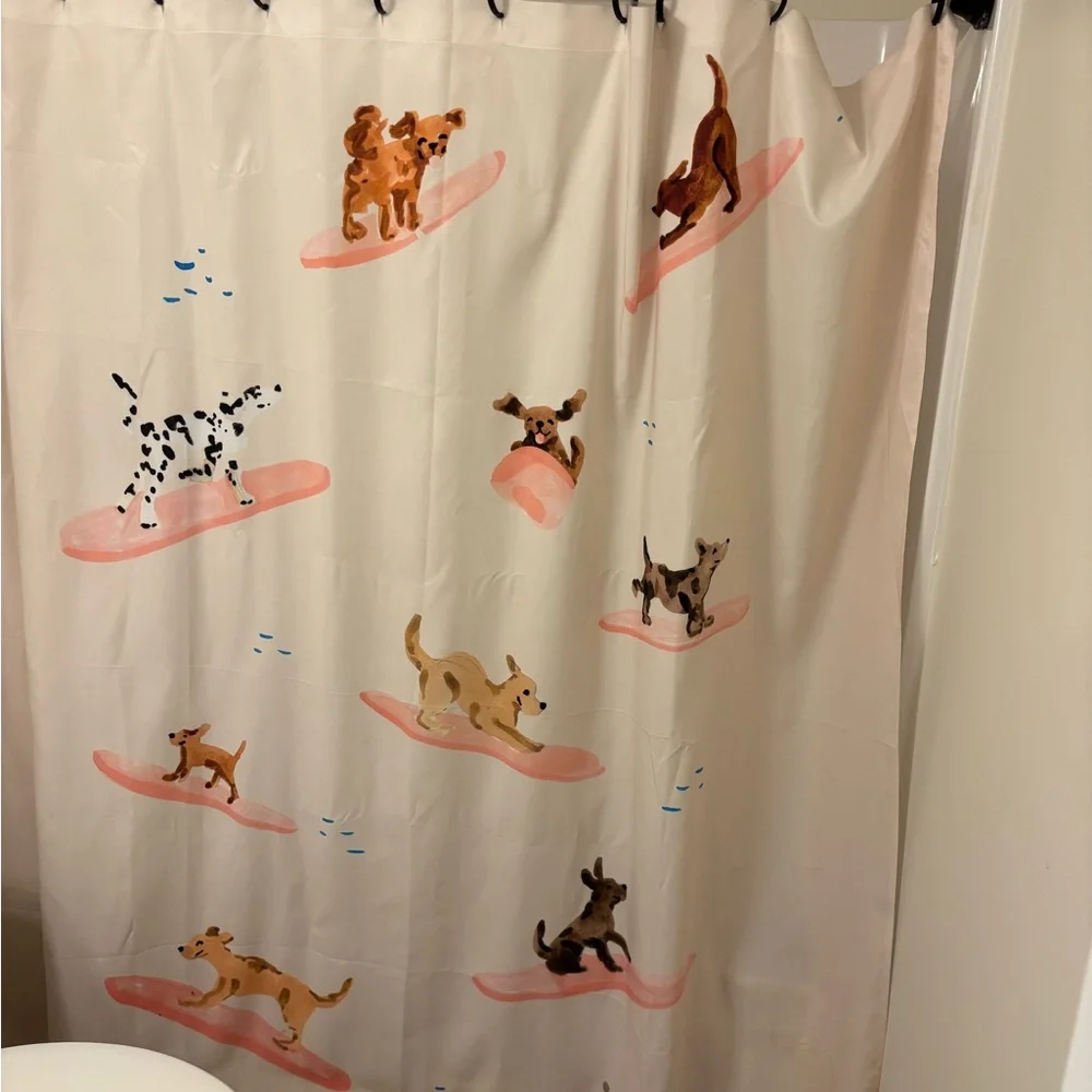 URBAN OUTFITTERS- Sabina Fenn Illustration Dogs Surfing Shower Curtain - Picture 5 of 12